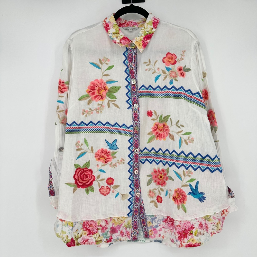 John Mark Embroidered Woven Cotton Floral Bird Button Up Tunic Top Lagenlook XL